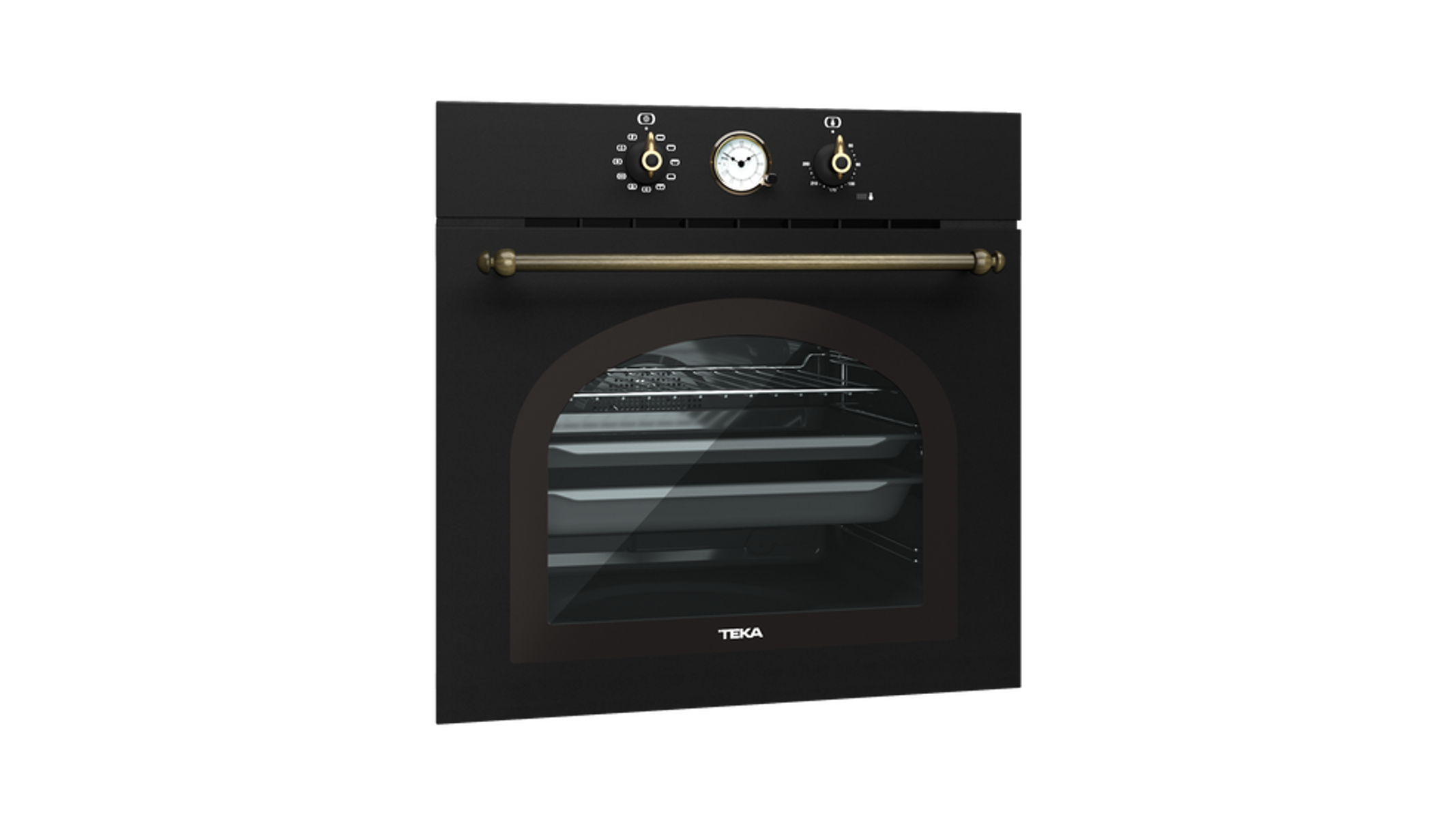 Czarny piekarnik w stylu retro, z pokrętłami i przezroczystymi drzwiami, na czarnym tle.