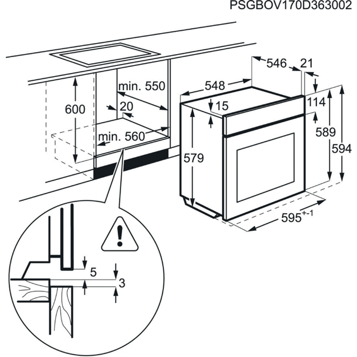 Schéma d'un four encastré, comprenant les dimensions et un détail d'installation.