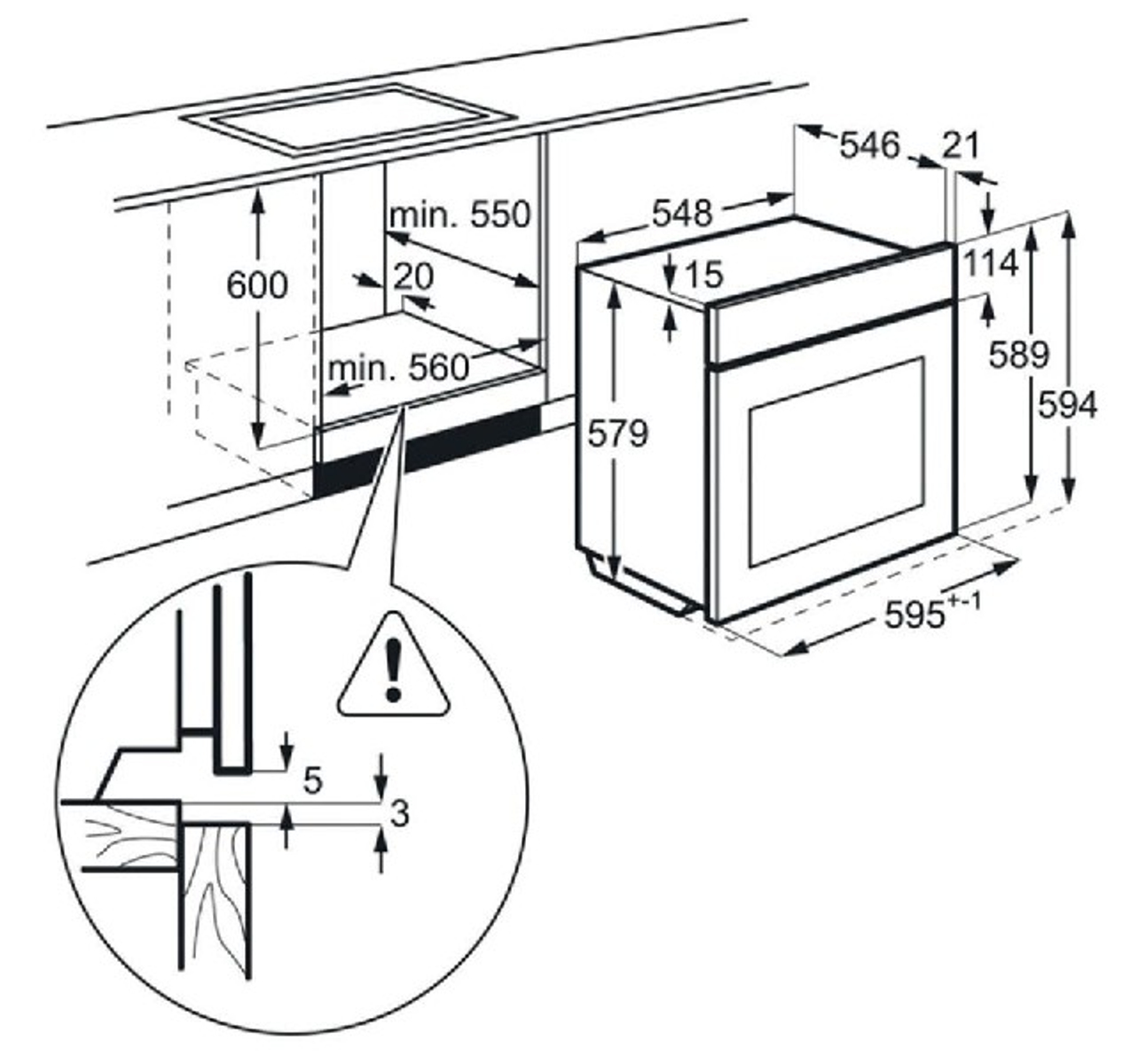 Un diagrama de un horno. Muestra dimensiones e instrucciones de instalación. Hay un símbolo de advertencia.