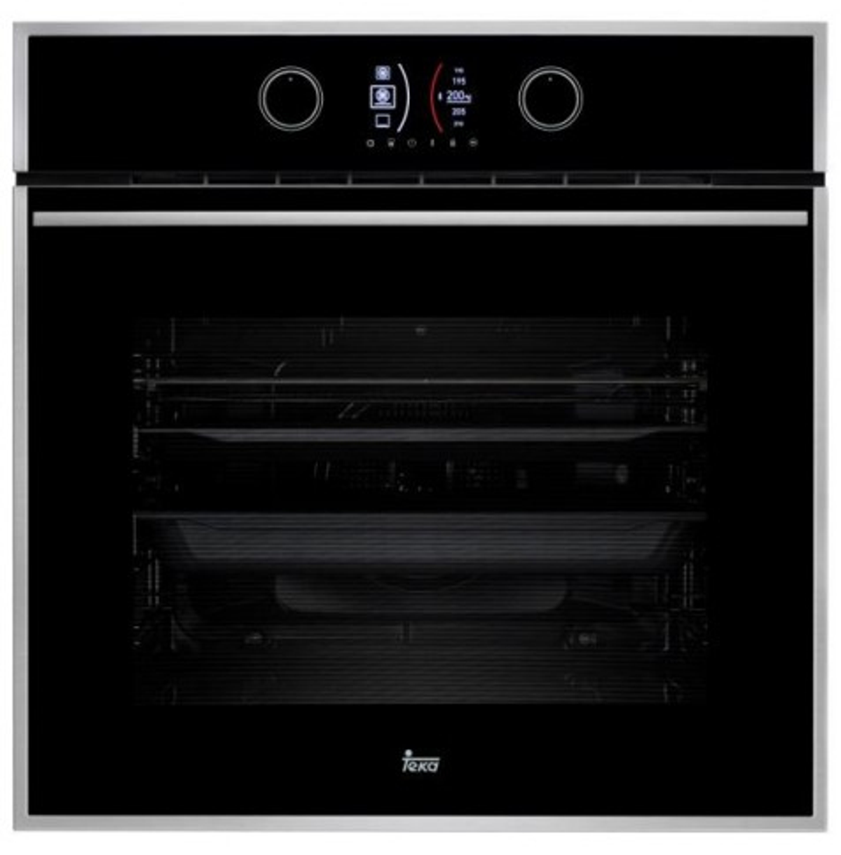 Horno empotrado negro con pantalla digital. La puerta del horno está cerrada.