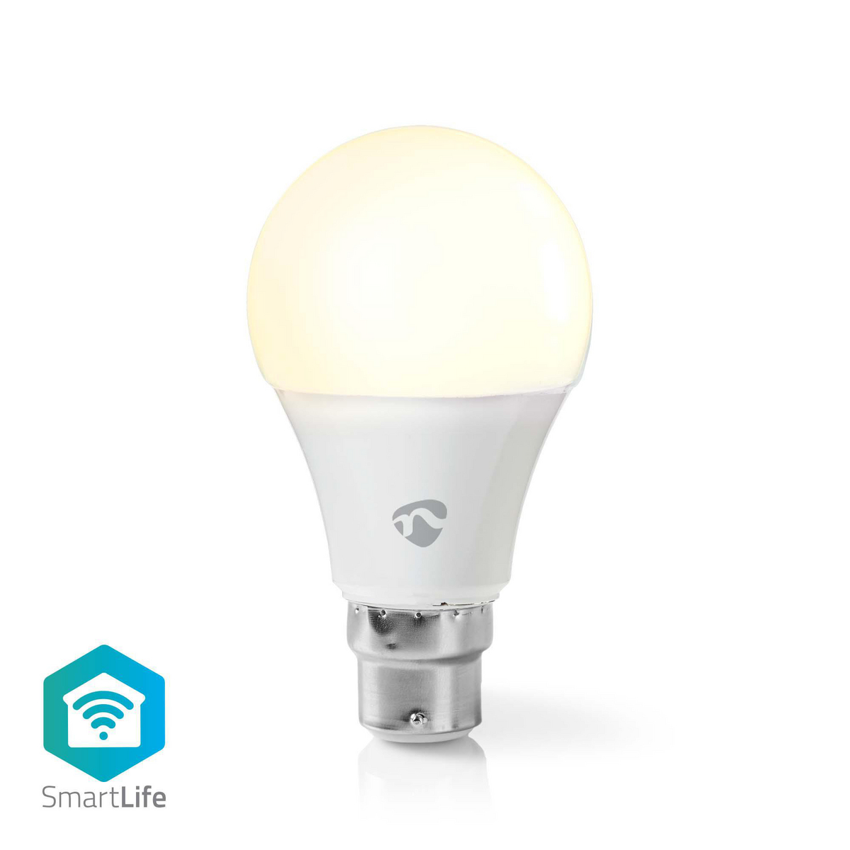 Una lampadina LED bianca e accesa con base argentata. Un logo SmartLife è nell'angolo in basso a sinistra.