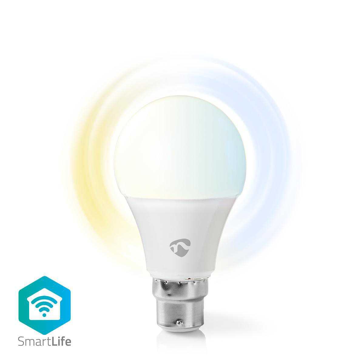 Una lampadina bianca con base e logo argentati. Anelli di luce gialli e blu dietro.