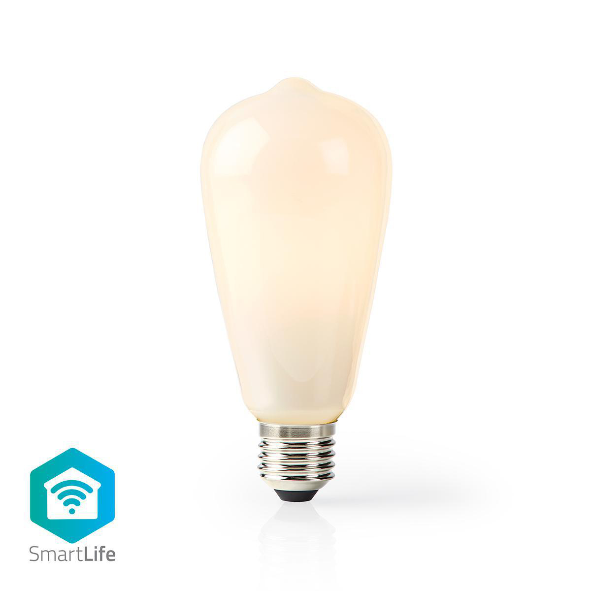 Una lampadina bianca allungata con base argentata e logo SmartLife.