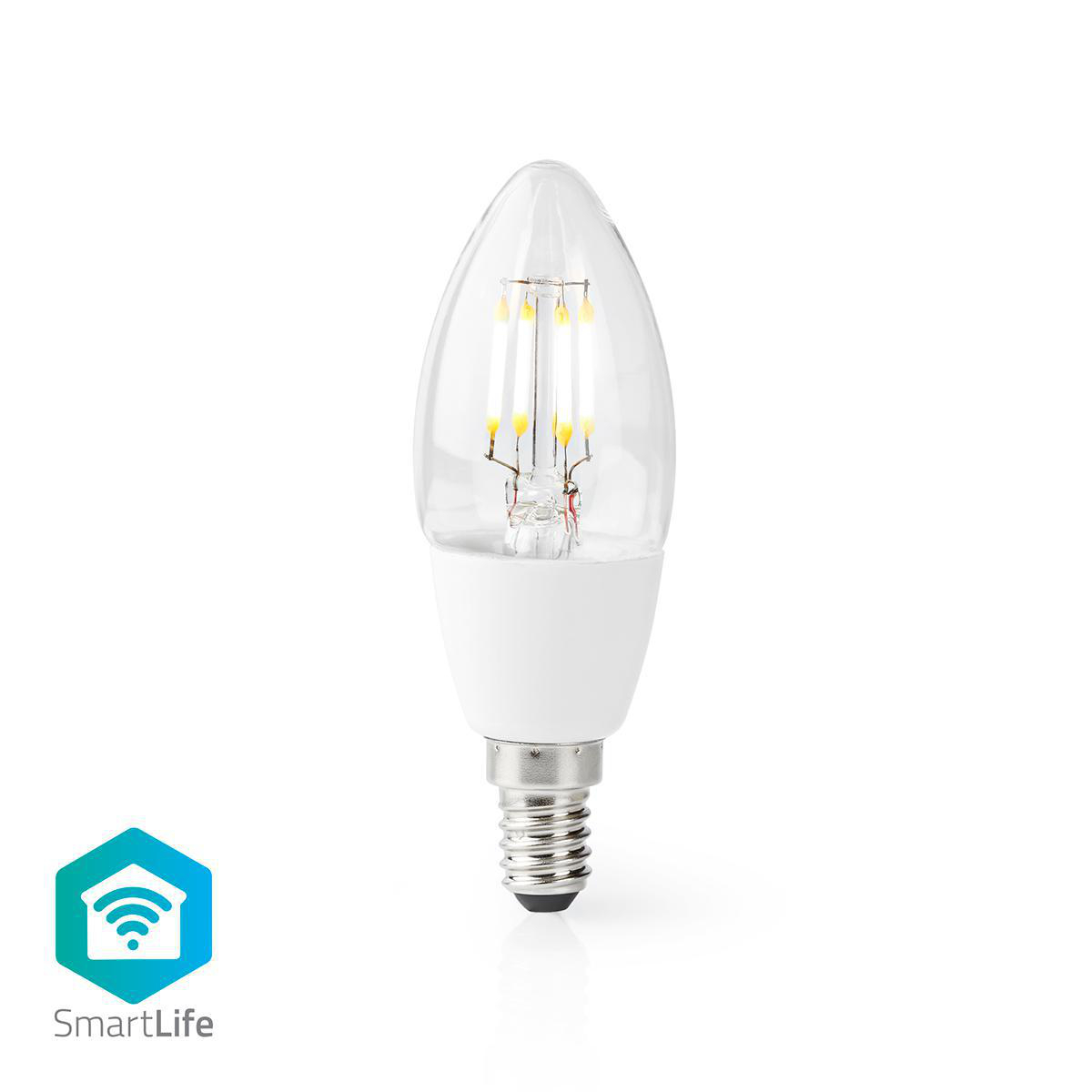Una lampadina a candela LED trasparente. È bianca alla base. Sfondo bianco. Logo SmartLife in basso.