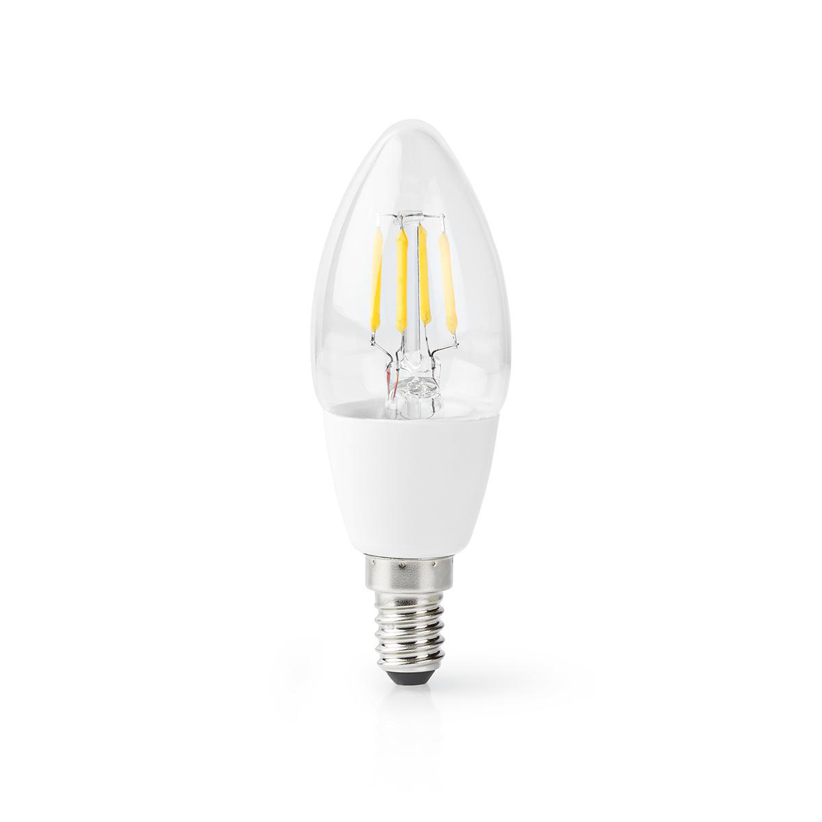 Lampadina LED trasparente a forma di candela con base bianca su sfondo bianco.
