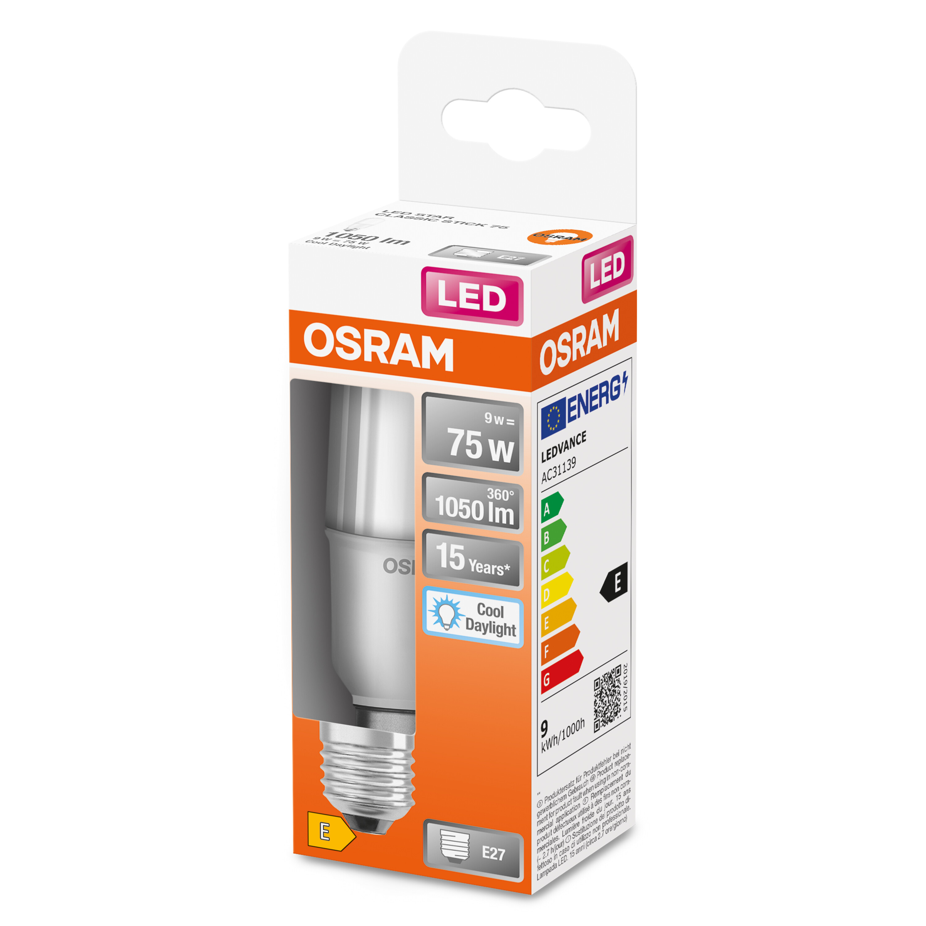 LED-Glühbirne in einer Box mit Angaben zur Energieeffizienz.