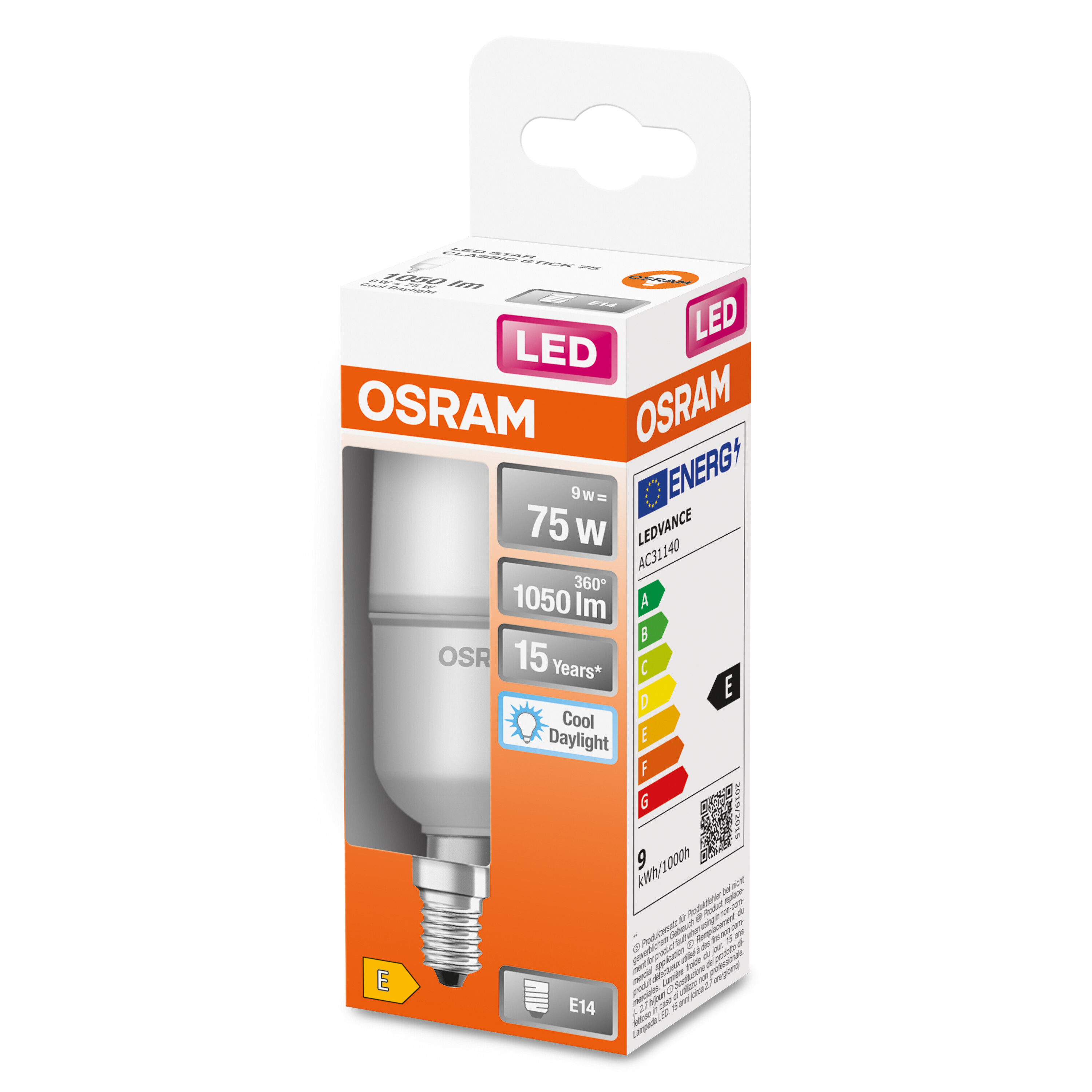 LED-Glühbirne in Verpackung. Die Verpackung zeigt die Marke OSRAM und Energieinformationen.