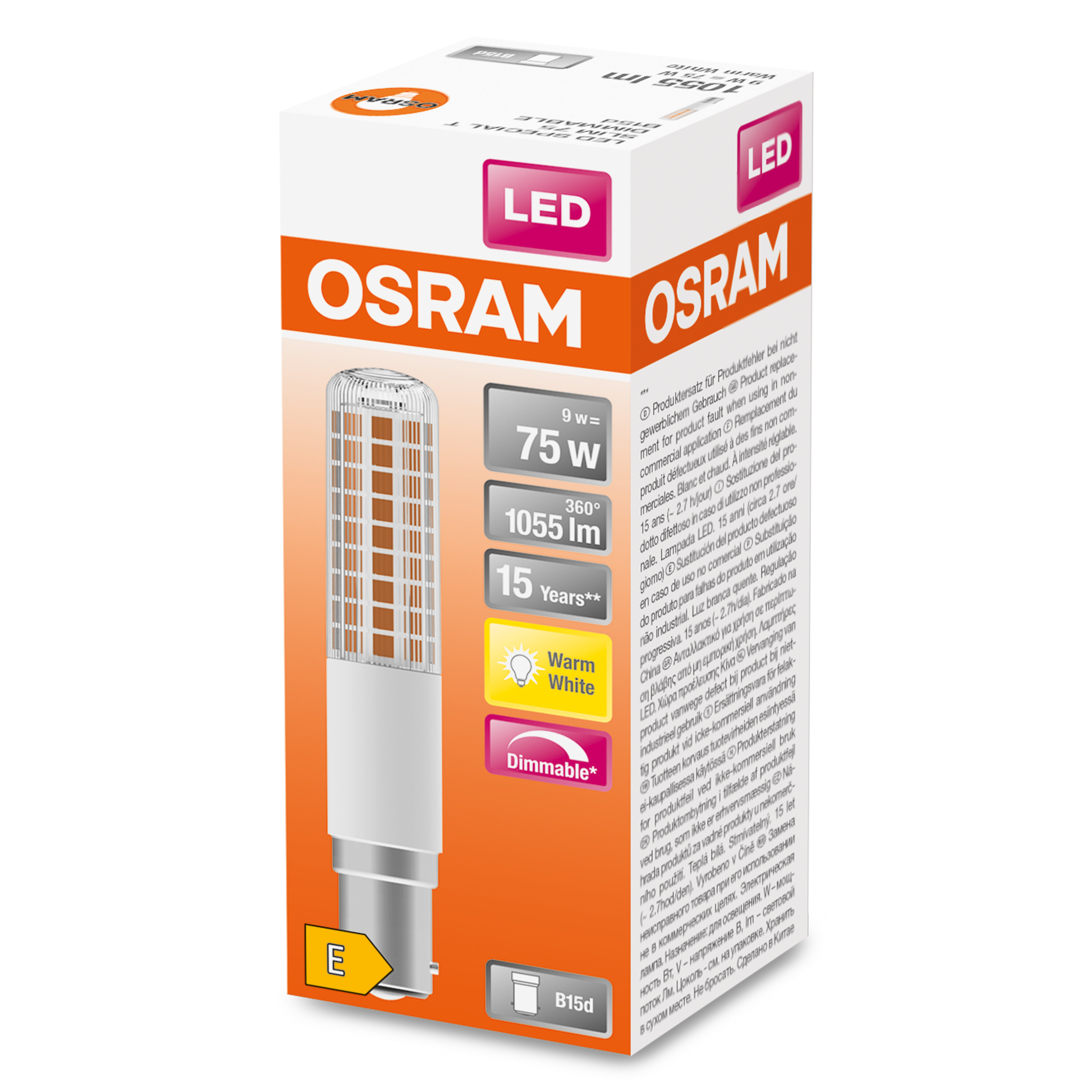 Eine Schachtel mit LED OSRAM-Glühbirnen mit Produktinformationen. Die Glühbirne wird mit warmweißem Licht gezeigt.
