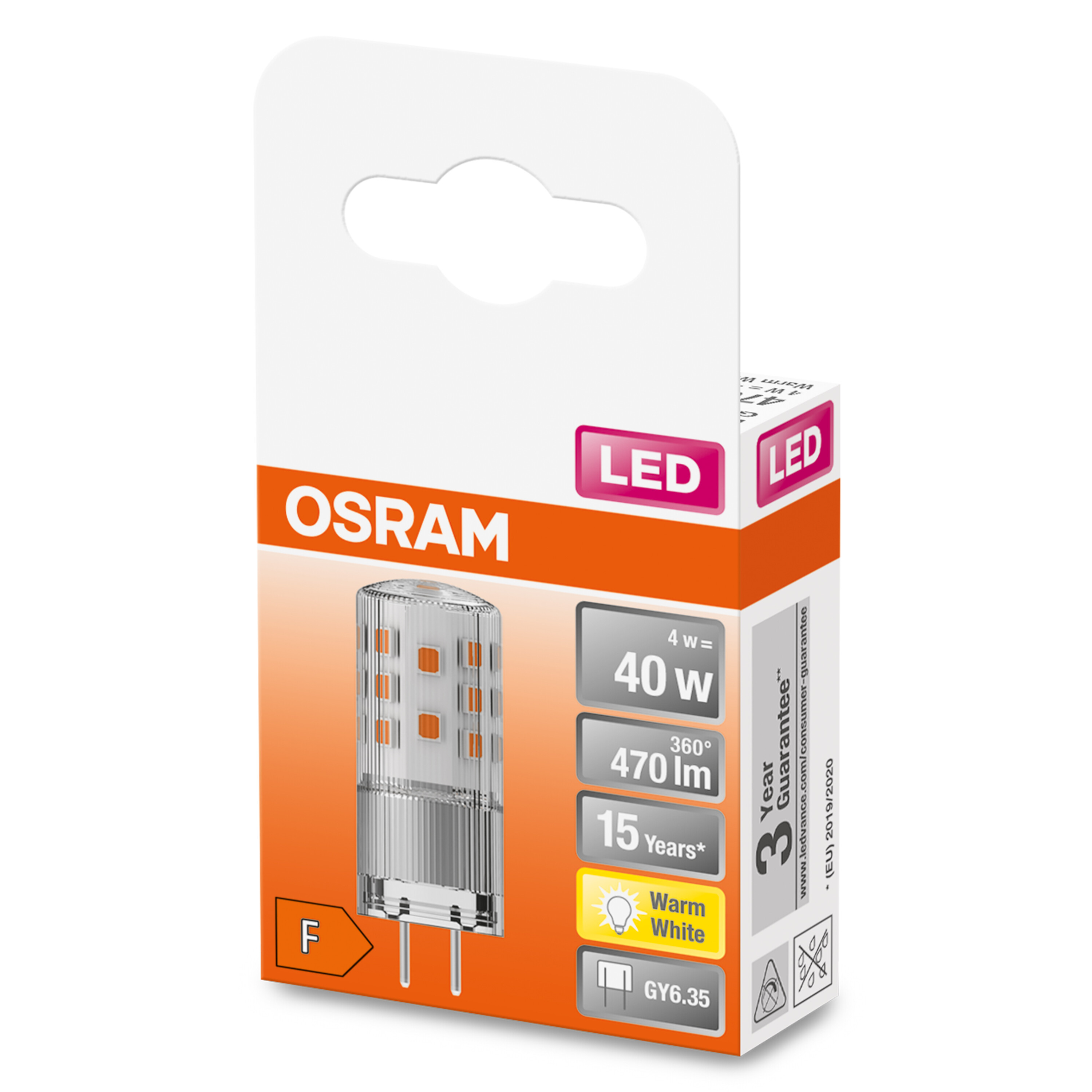 LED-Glühbirnenverpackung. Sie ist weiß, orange und rot. Die Glühbirne ist durch die Verpackung sichtbar.