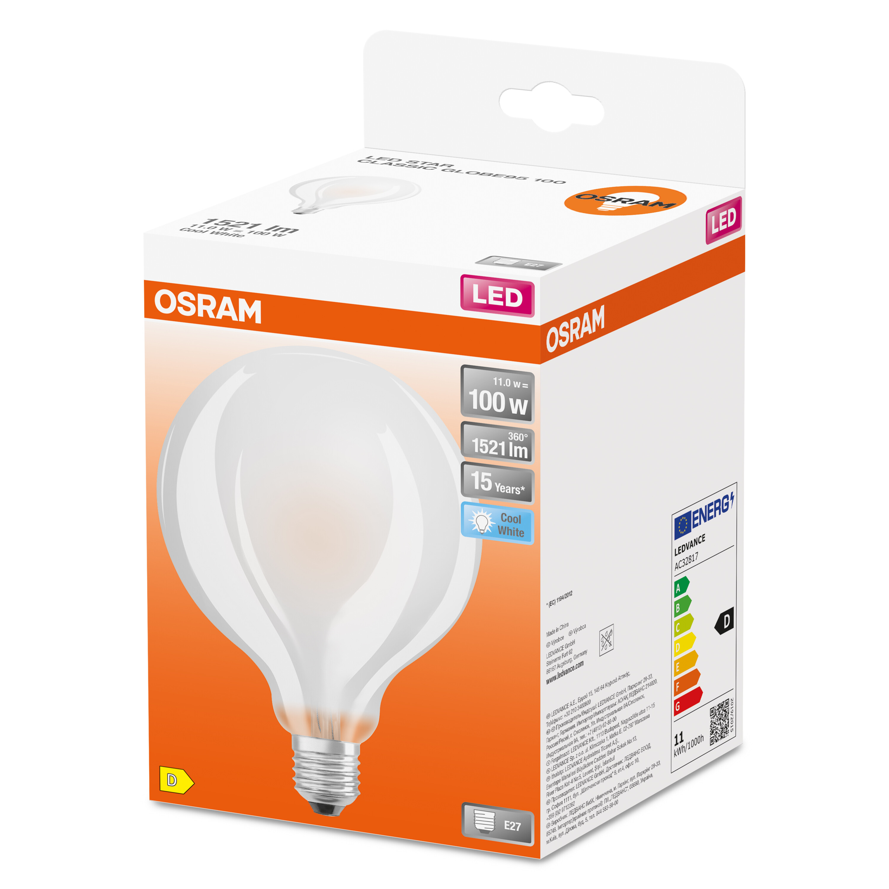 Una scatola di lampadine LED OSRAM con una grande illustrazione di lampadina rotonda.