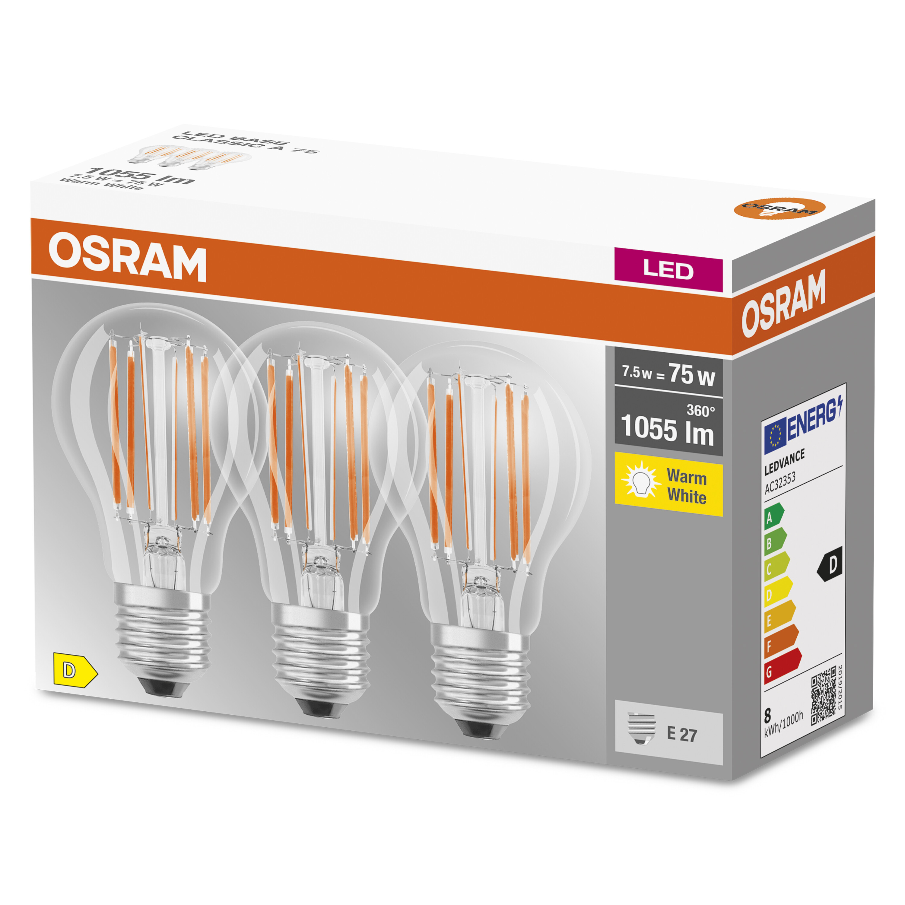 Box mit drei LED-Glühbirnen, Osram, warmweiß, E27.