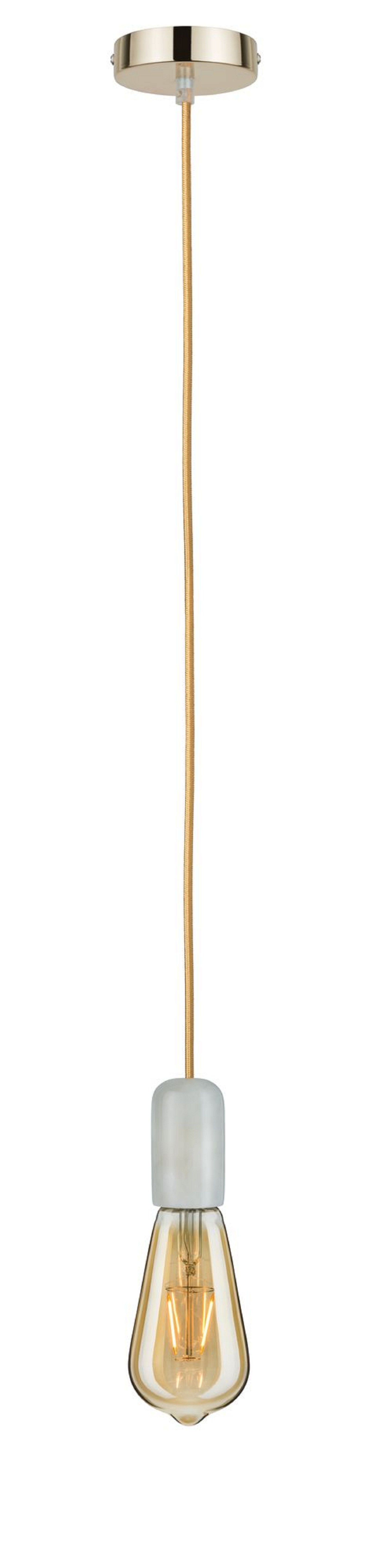 Lampa wisząca ze złotym przewodem. Lampa ma żarówkę w kształcie łzy.