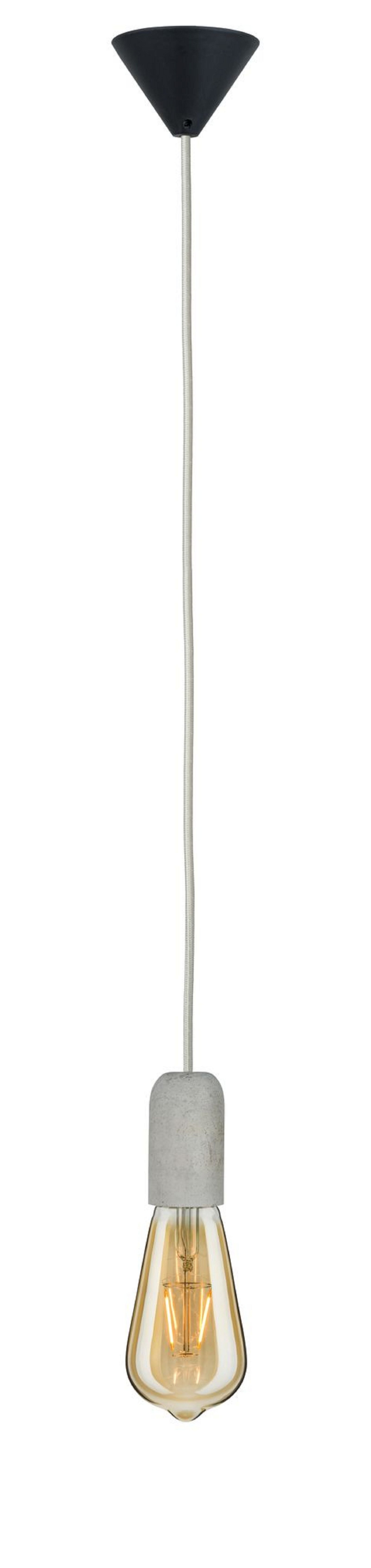 Lampa wisząca. Czarny trójkąt na górze, długi biały kabel i żarówka.