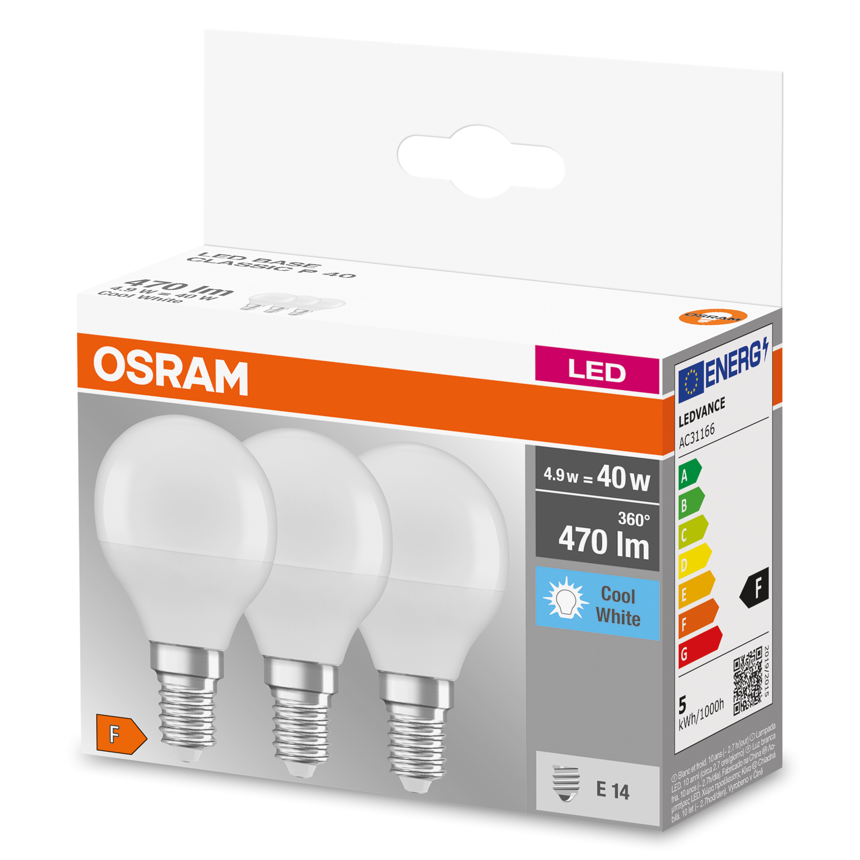 Schachtel mit drei weißen LED-Glühbirnen. Das OSRAM-Logo befindet sich auf der orangefarbenen Vorderseite.