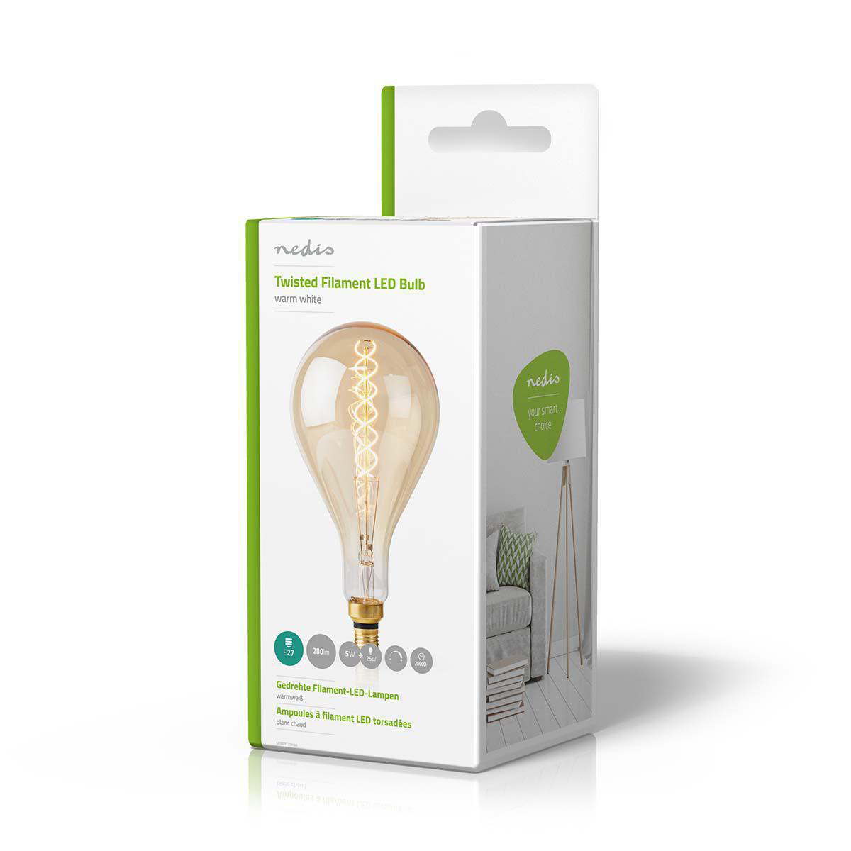 White box with a lightbulb image. Text: Twisted Filament LED Bulb. Warm white.