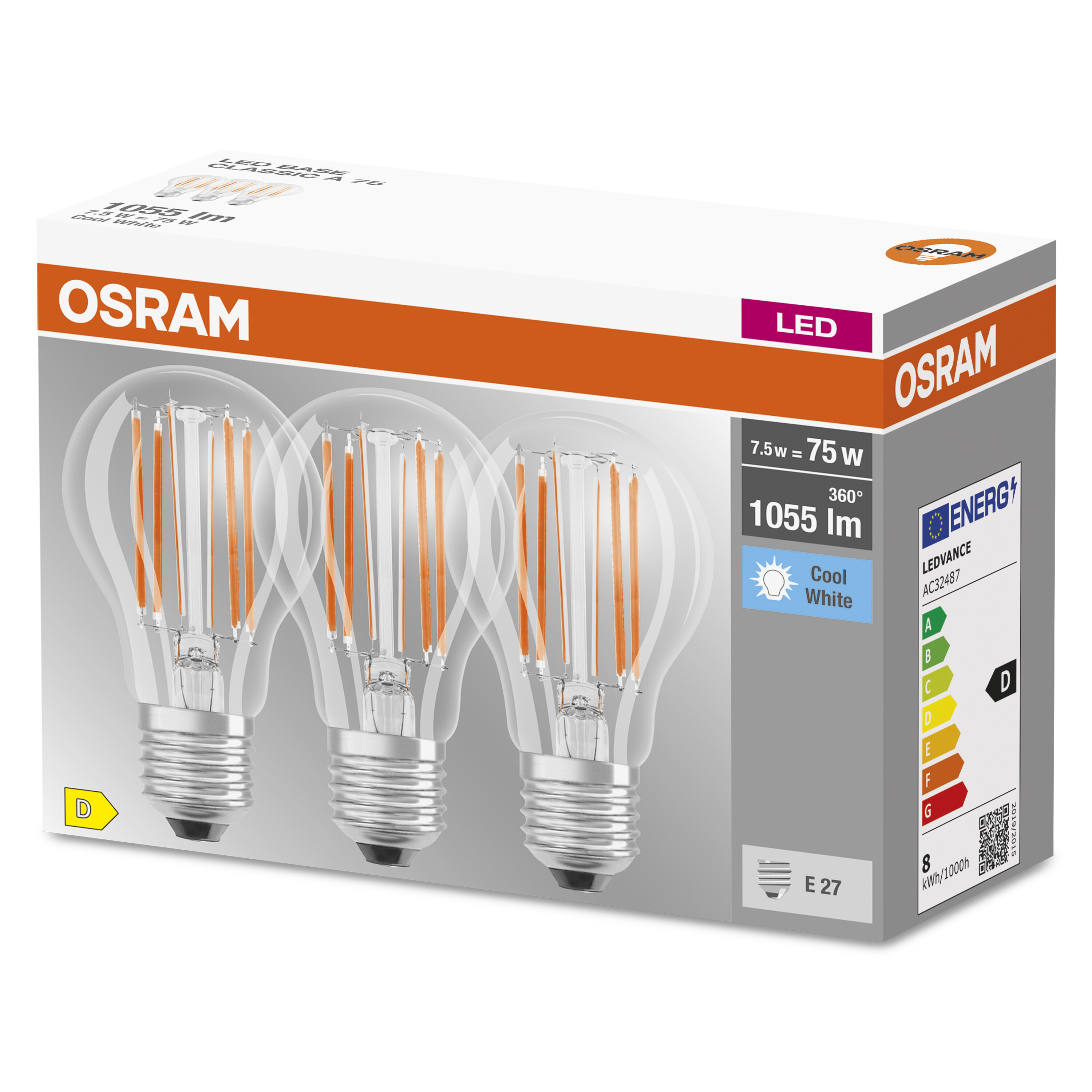 Scatola di tre lampadine a LED. Le lampadine sono trasparenti con filamento caldo.
