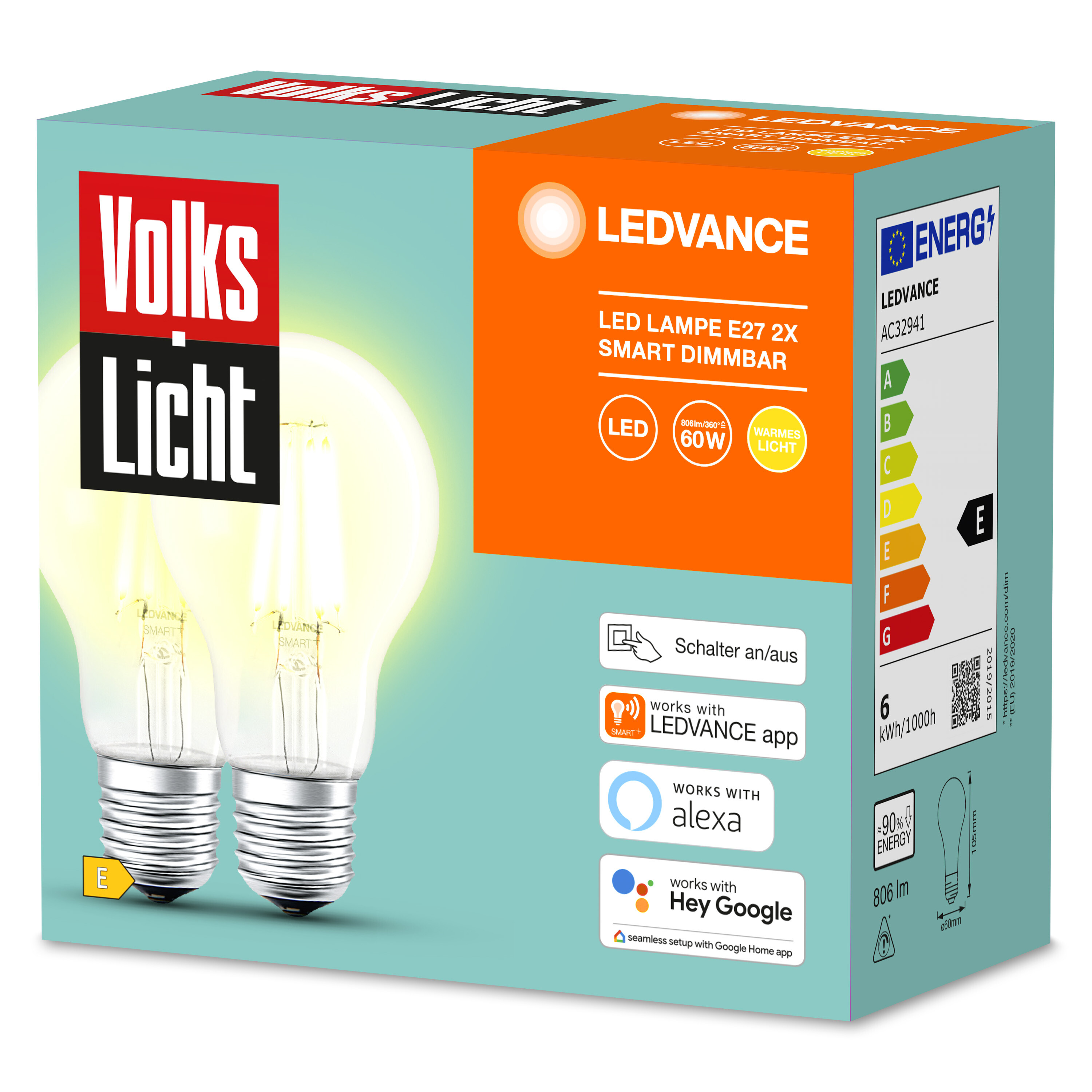 LEDVANCE VOLKSLICHT SMART+ Filament Classic Lumen Dimmable Warmweiß Lampe 806 LED