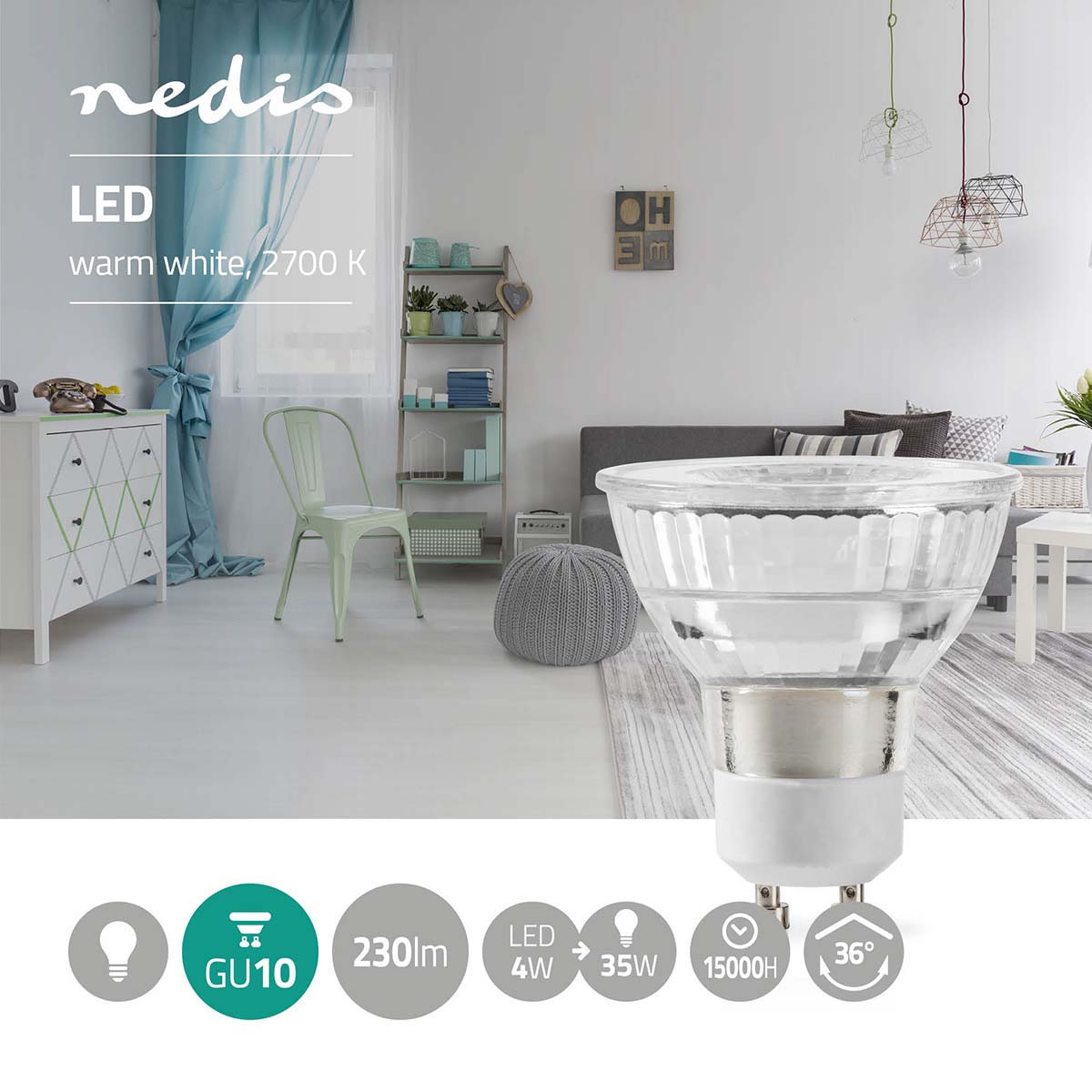 Żarówka LED GU10 w otoczeniu pokoju. Sofa, krzesło i inne meble są widoczne w tle.