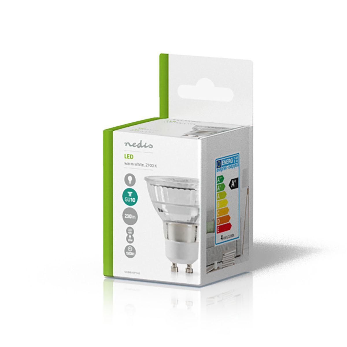 Zapakowana żarówka LED GU10 z etykietą 'nedis'. Pudełko zawiera szczegóły dotyczące efektywności energetycznej i informacje.