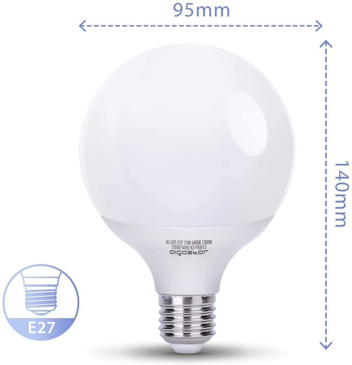 Grande lampadina LED bianca a globo, base E27. Dimensioni 95x140mm.