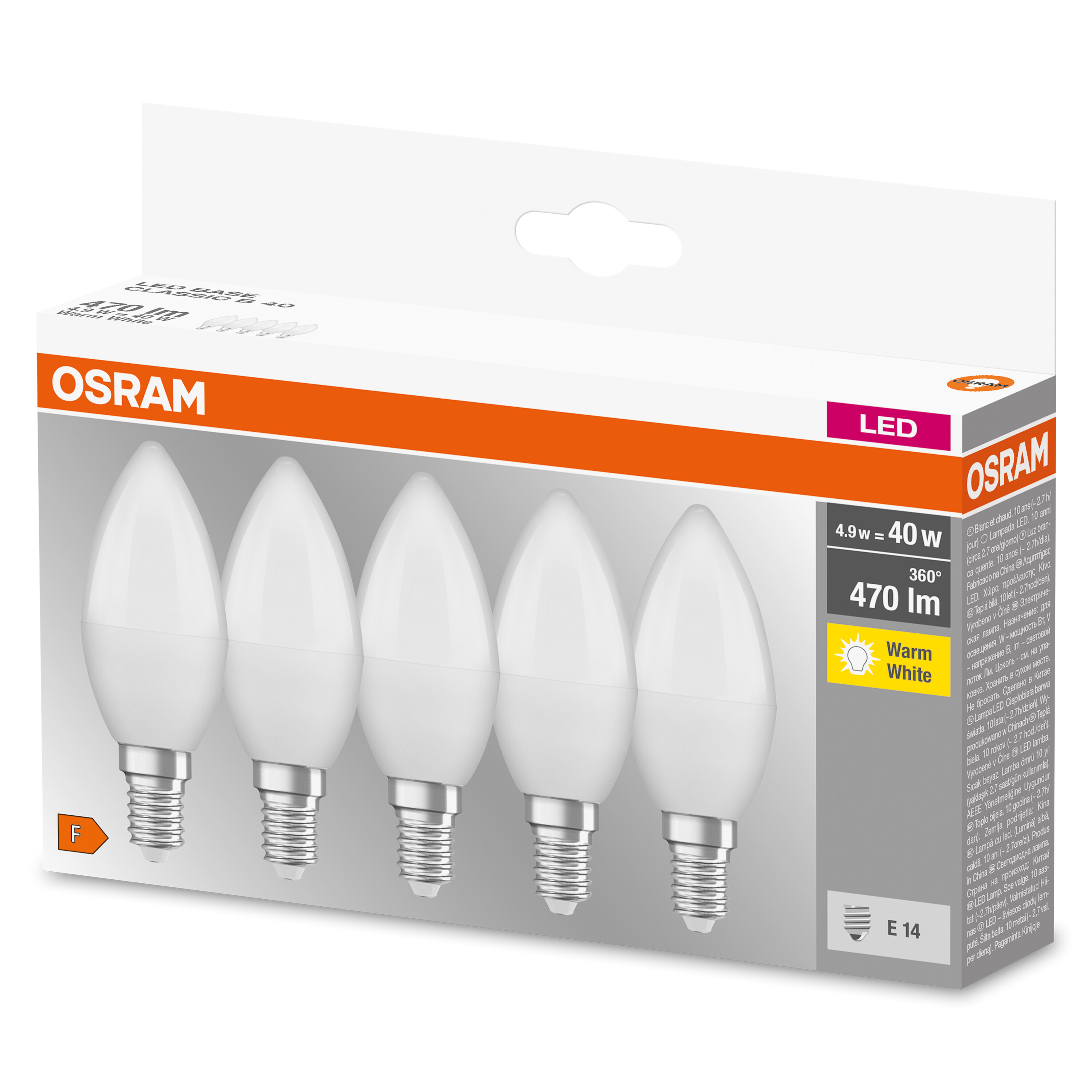 Boîte avec cinq ampoules LED blanches en forme de bougie. Marque OSRAM visible.