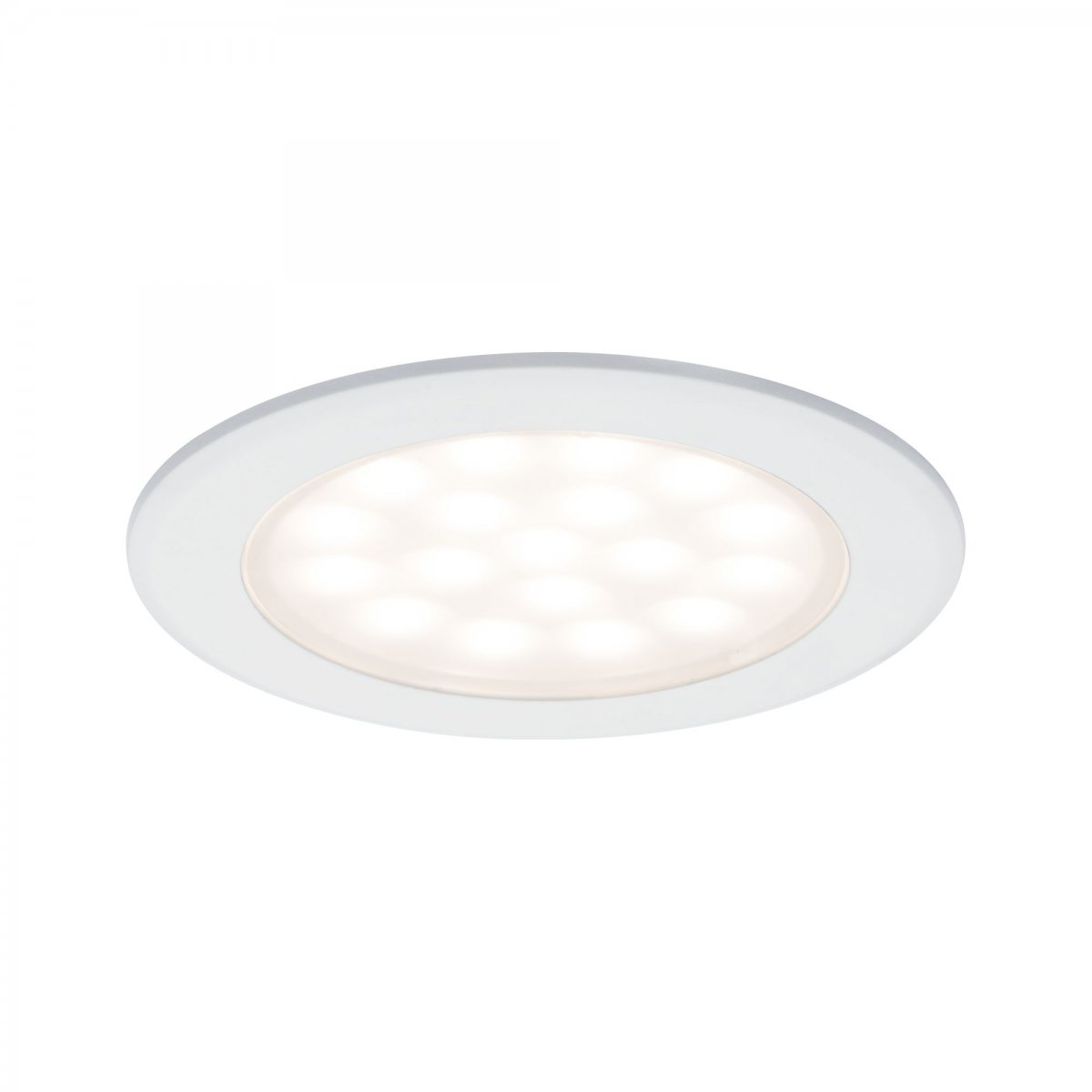 Weiße Einbau-LED-Leuchte auf weißem Hintergrund, kreisförmig mit mehreren Lichtern.