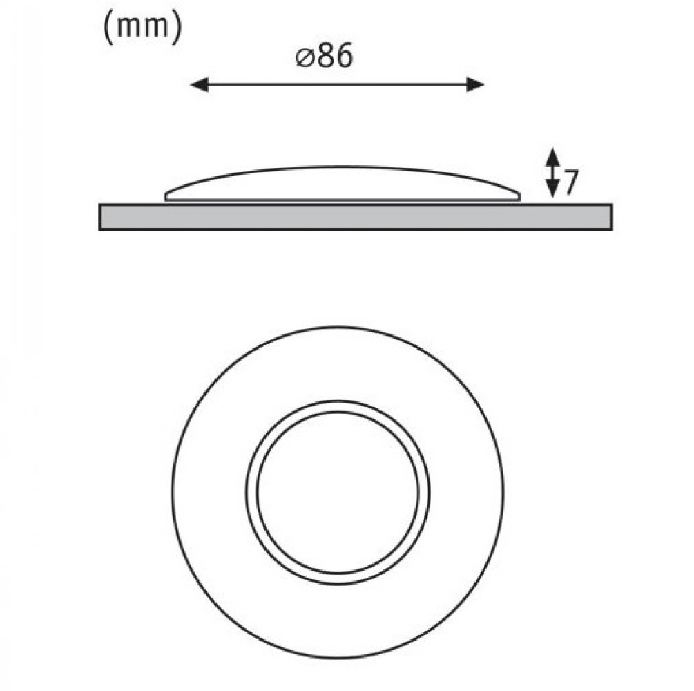 Diagramm einer Einbauleuchte mit Abmessungen. Das Licht ist weiß.