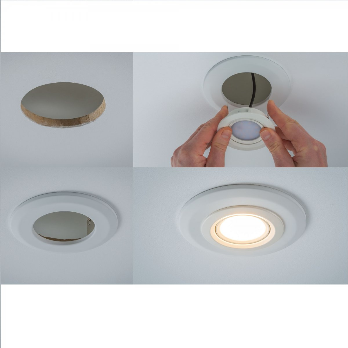 Kroki instalacji oświetlenia sufitowego, z rękami i elementami oświetleniowymi.