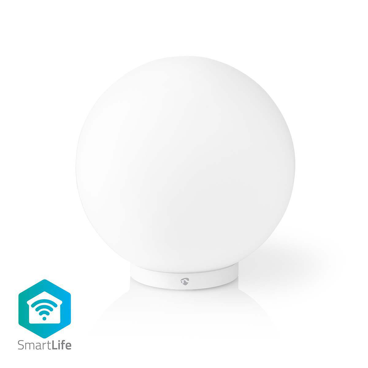 Lampada intelligente bianca e rotonda. Il logo SmartLife è in basso a sinistra.