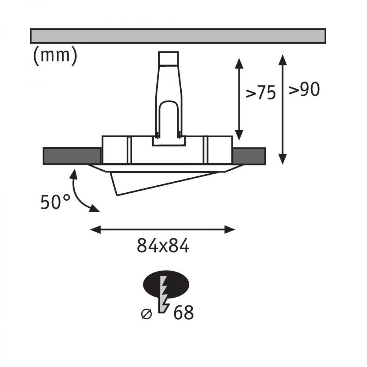 Diagramm einer Leuchte mit Abmessungen.