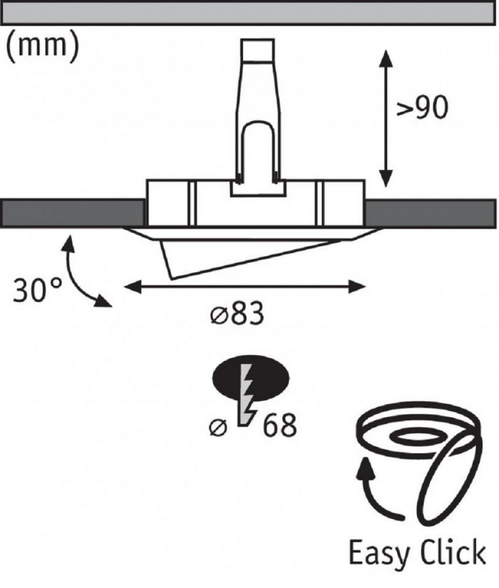 Diagramma di un connettore con dimensioni e un simbolo circolare 'Easy Click'.