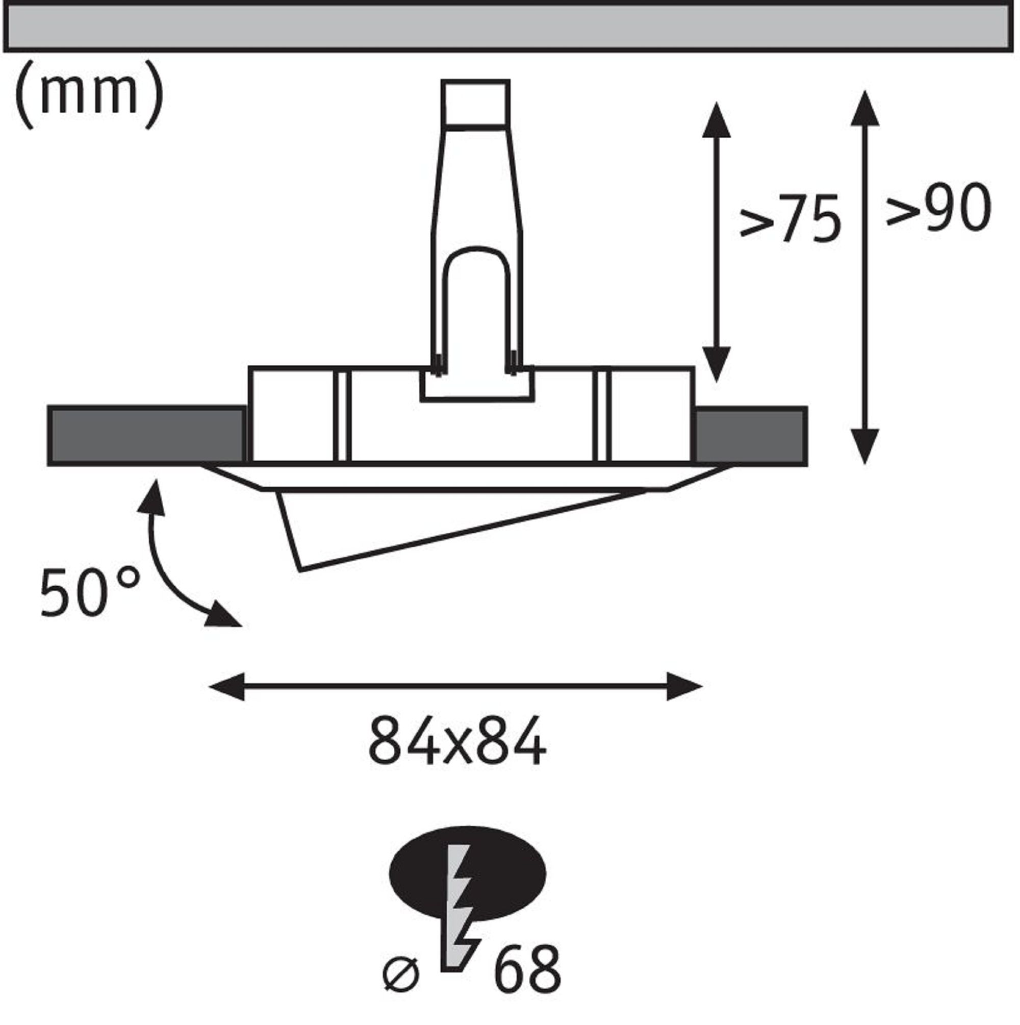 Diagramm einer Leuchte, das Abmessungen und Maße in Millimetern zeigt.