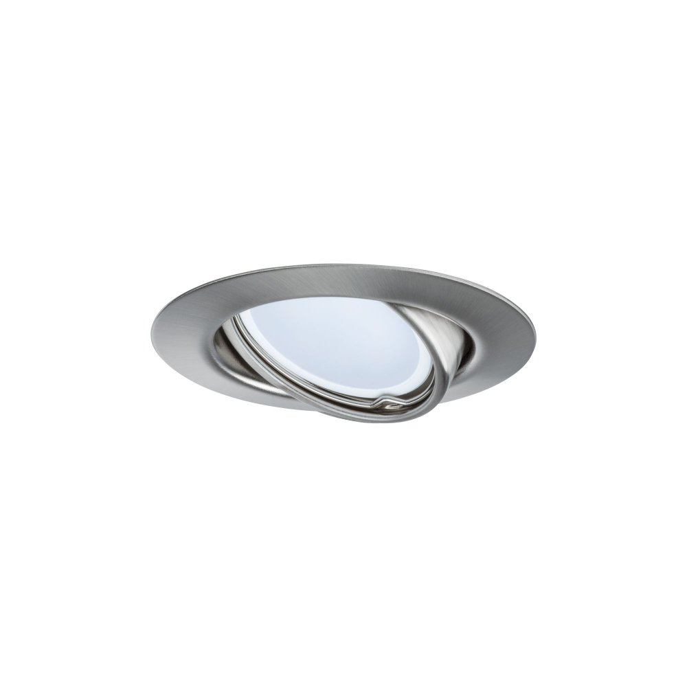 Apparecchio di illuminazione ad incasso argentato su sfondo bianco, con luce bianca.