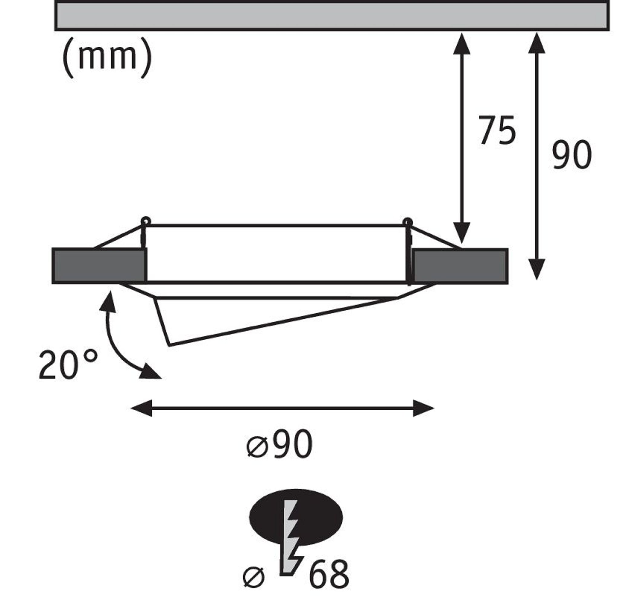 Technische Zeichnung einer Deckenleuchte. Enthält Abmessungen, Winkel und ein elektrisches Symbol.