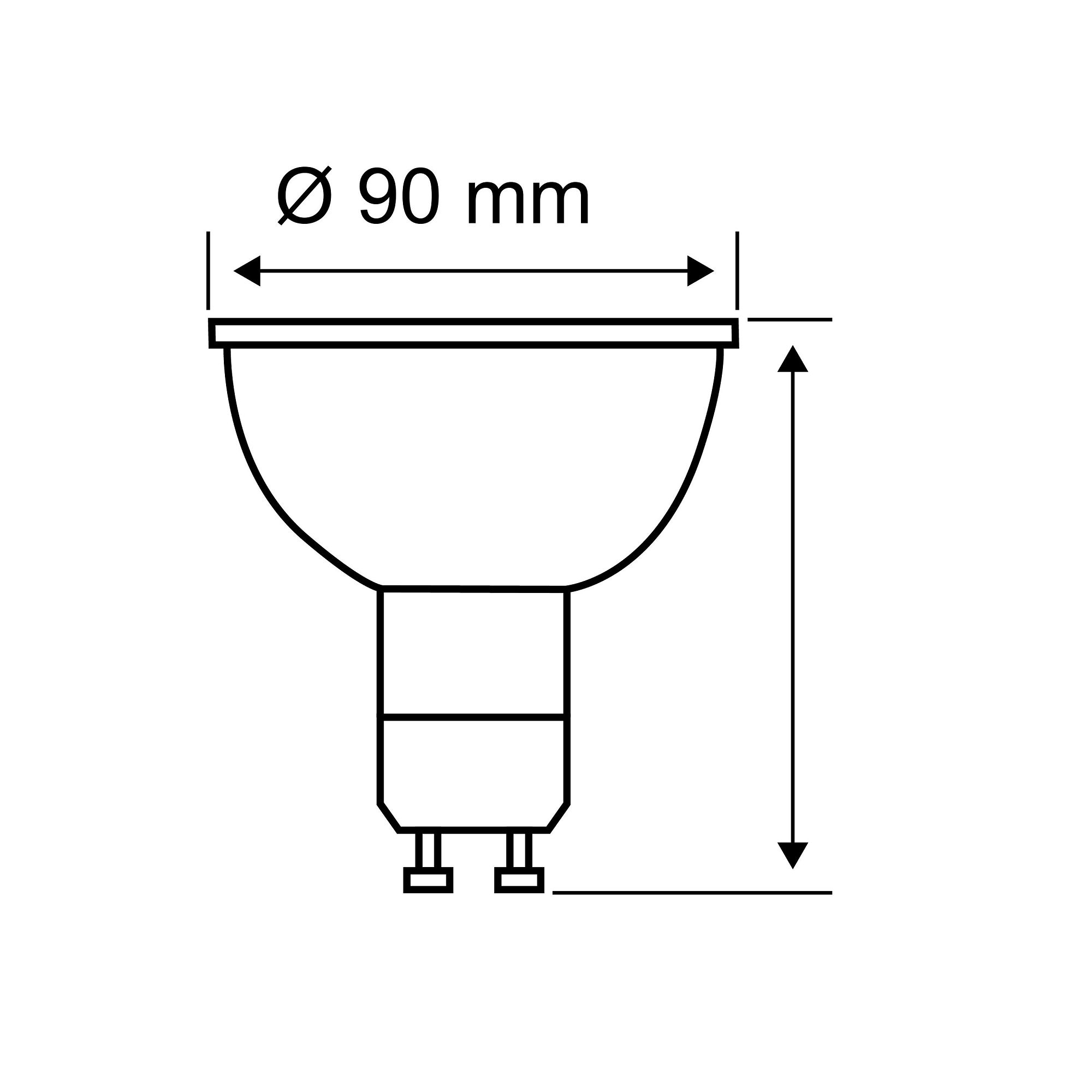 Glühbirnendiagramm. Zeigt Abmessungen, 90 mm Durchmesser, mit Höhenmessung.