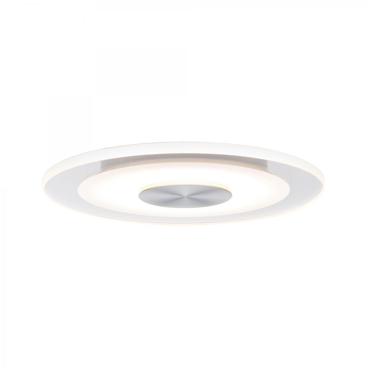 Plafonnier, design circulaire avec un disque argenté central.