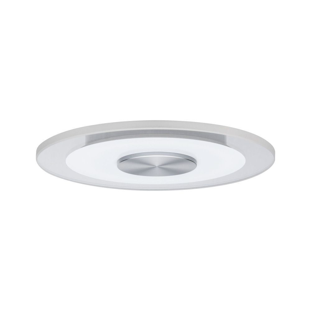 Plafonnier encastré rond ; bord blanc, centre argenté, fond blanc.