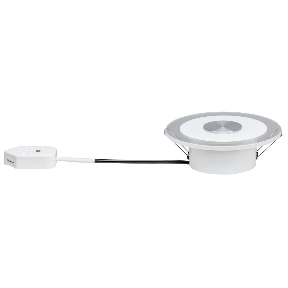 Un luminaire blanc et circulaire avec un câble blanc et une petite boîte blanche.