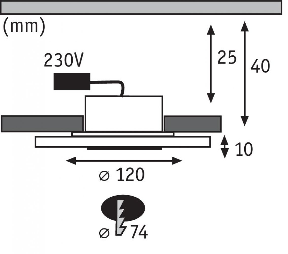 Schéma d'un plafonnier avec dimensions. Comprend une connexion électrique et une source de lumière.