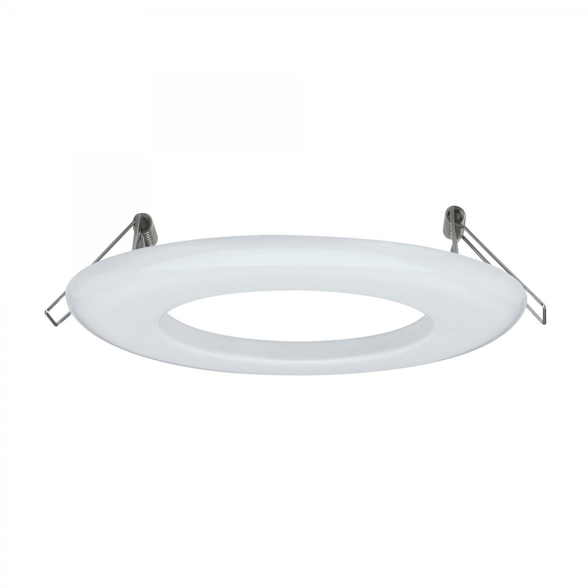 Un apparecchio di illuminazione ad anello bianco con due molle metalliche.
