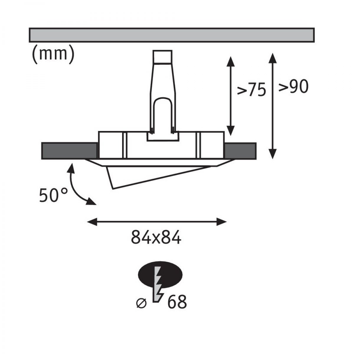 Diagramm mit Abmessungen und einer Leuchte.