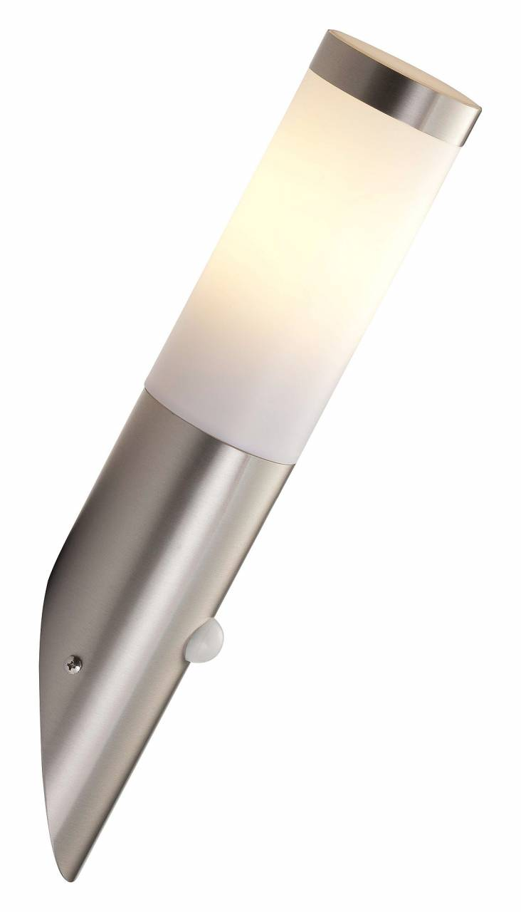 Eine moderne, schräge Wandleuchte aus gebürstetem Metall mit weißem Diffusor.