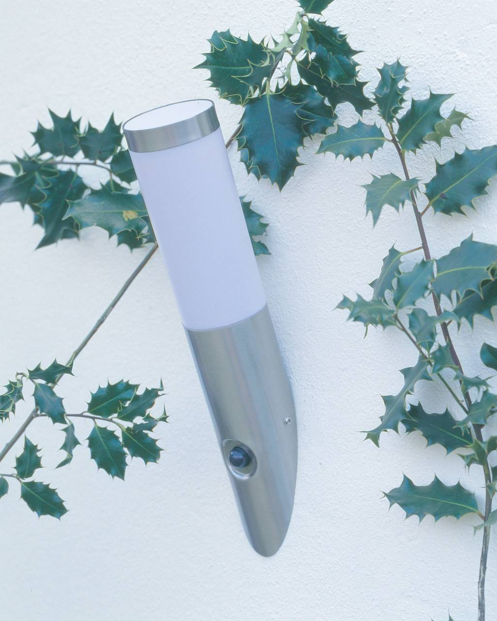 Eine moderne Wandleuchte mit Bewegungsmelder neben einem Stechpalmenzweig.