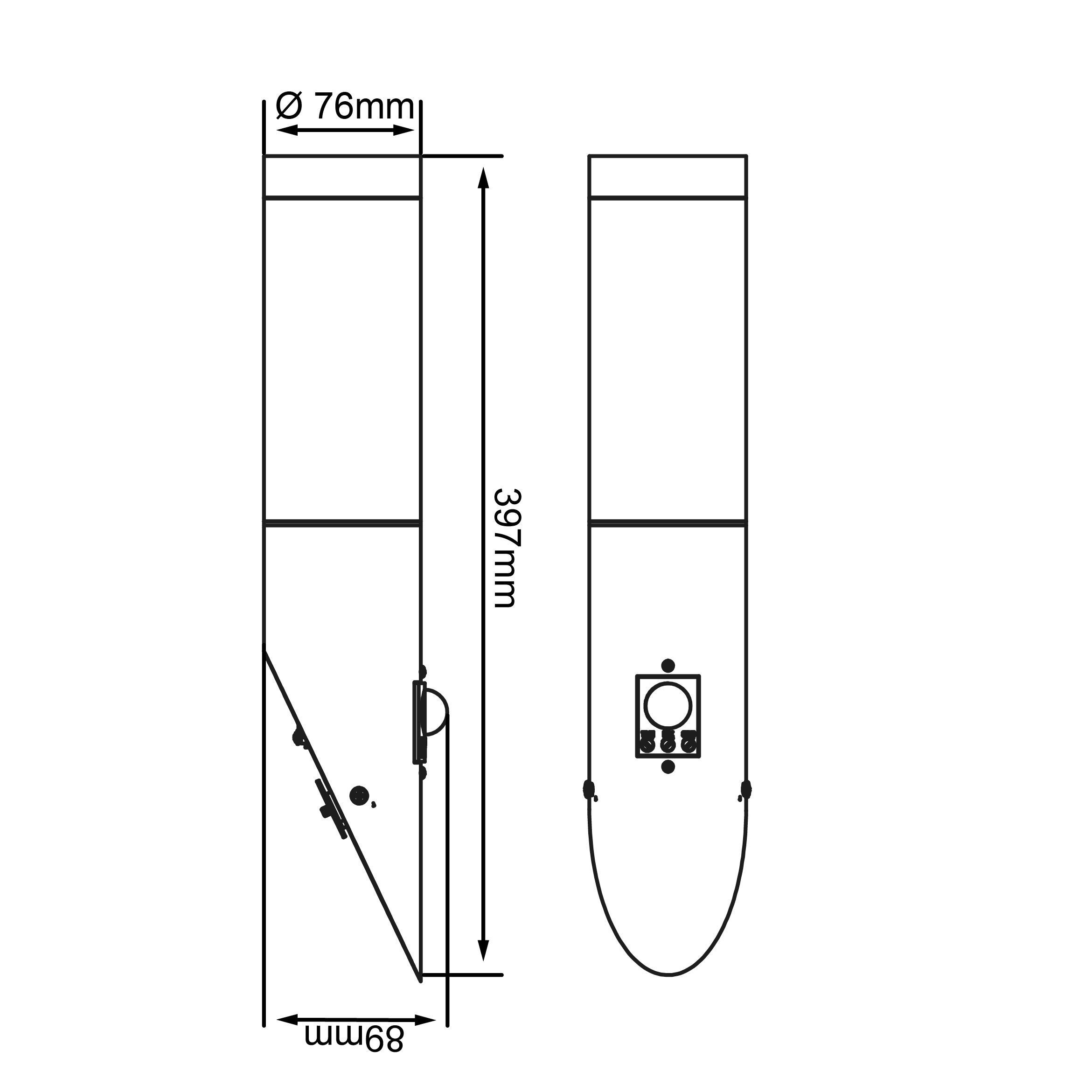 Technische Zeichnung: Zylinder mit Schrägschnitt, Maße 76mm, 89mm, 397mm.