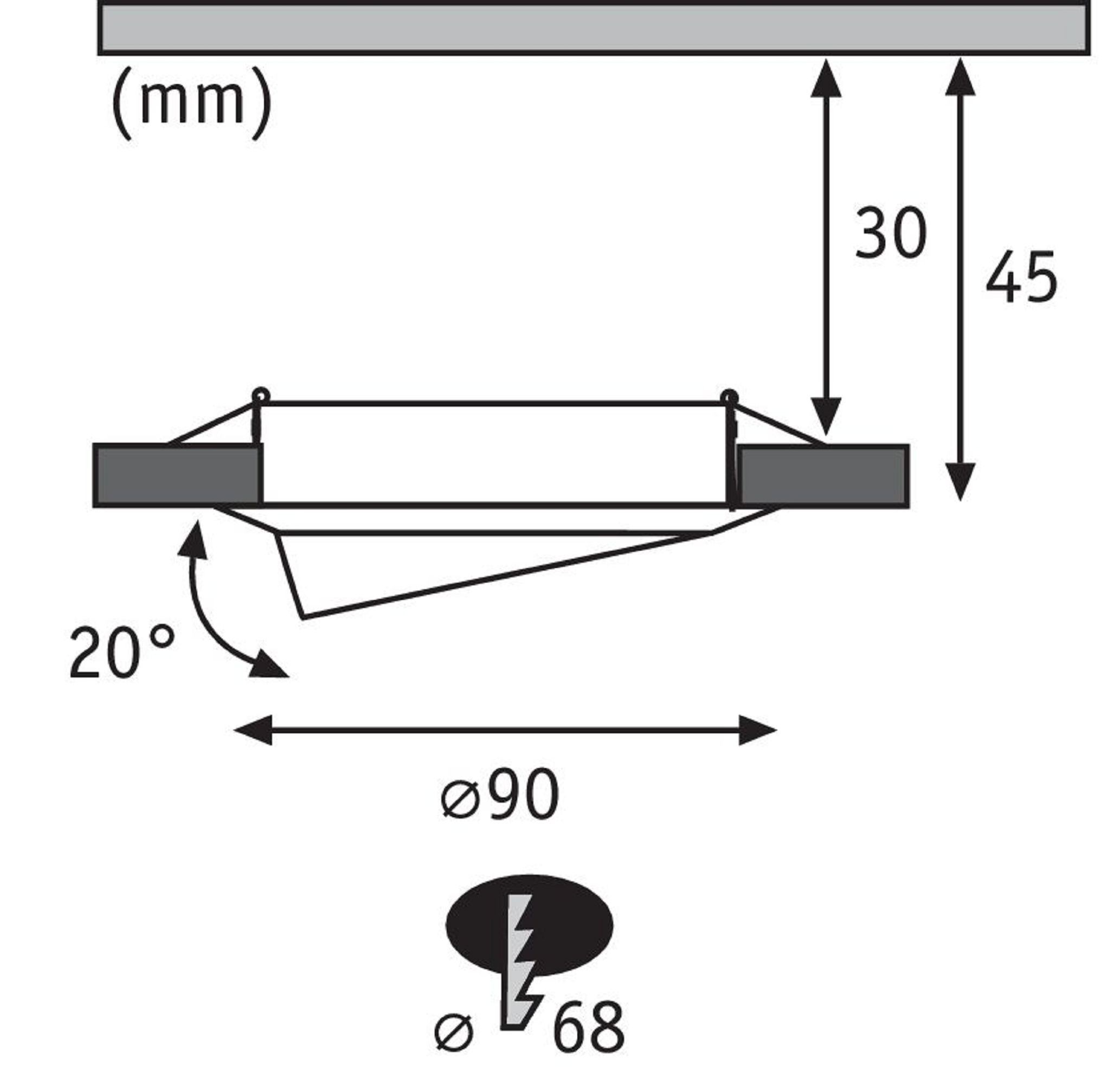 Diagramm einer Einbauleuchte. Zeigt Abmessungen von 30mm, 45mm und einen Durchmesser von 90mm.