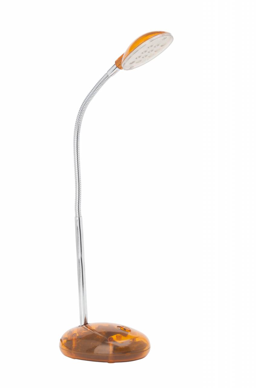 Eine flexible Schreibtischlampe mit einem orangefarbenen ovalen Sockel und einem silbernen Schwanenhals.