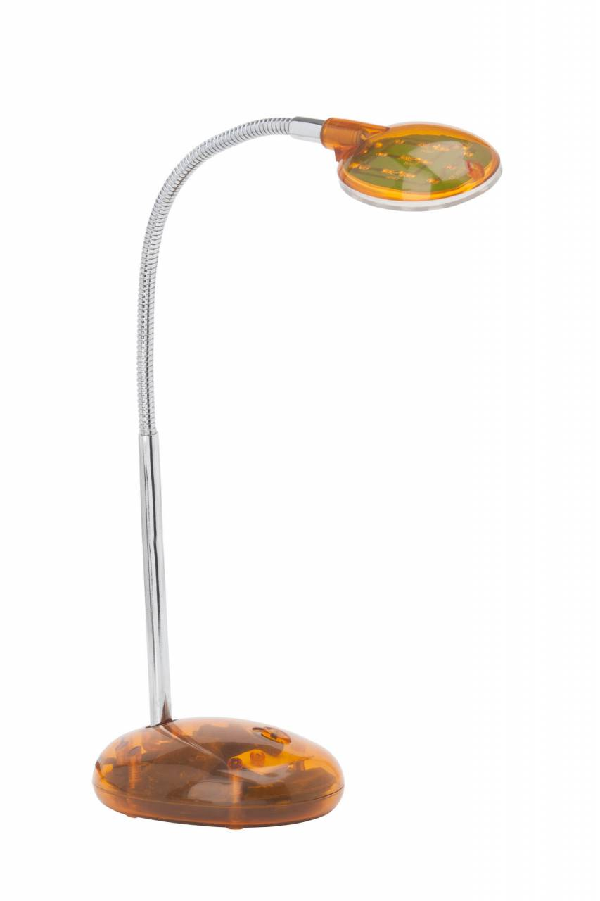 Eine silberne Schreibtischlampe mit flexiblem Arm und orangefarbenem Lampenkopf.