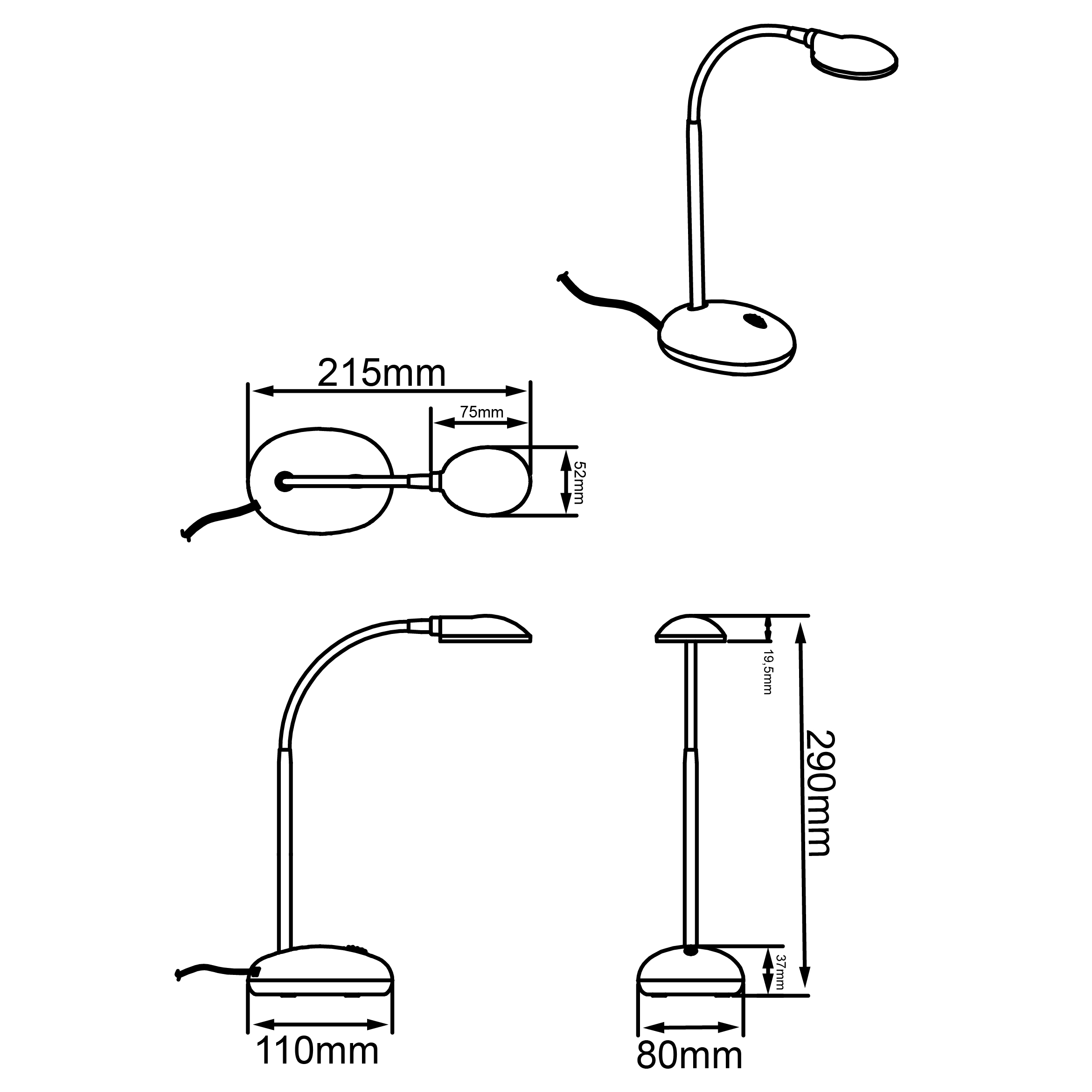 Technische Zeichnung einer Schreibtischlampe mit Maßen.