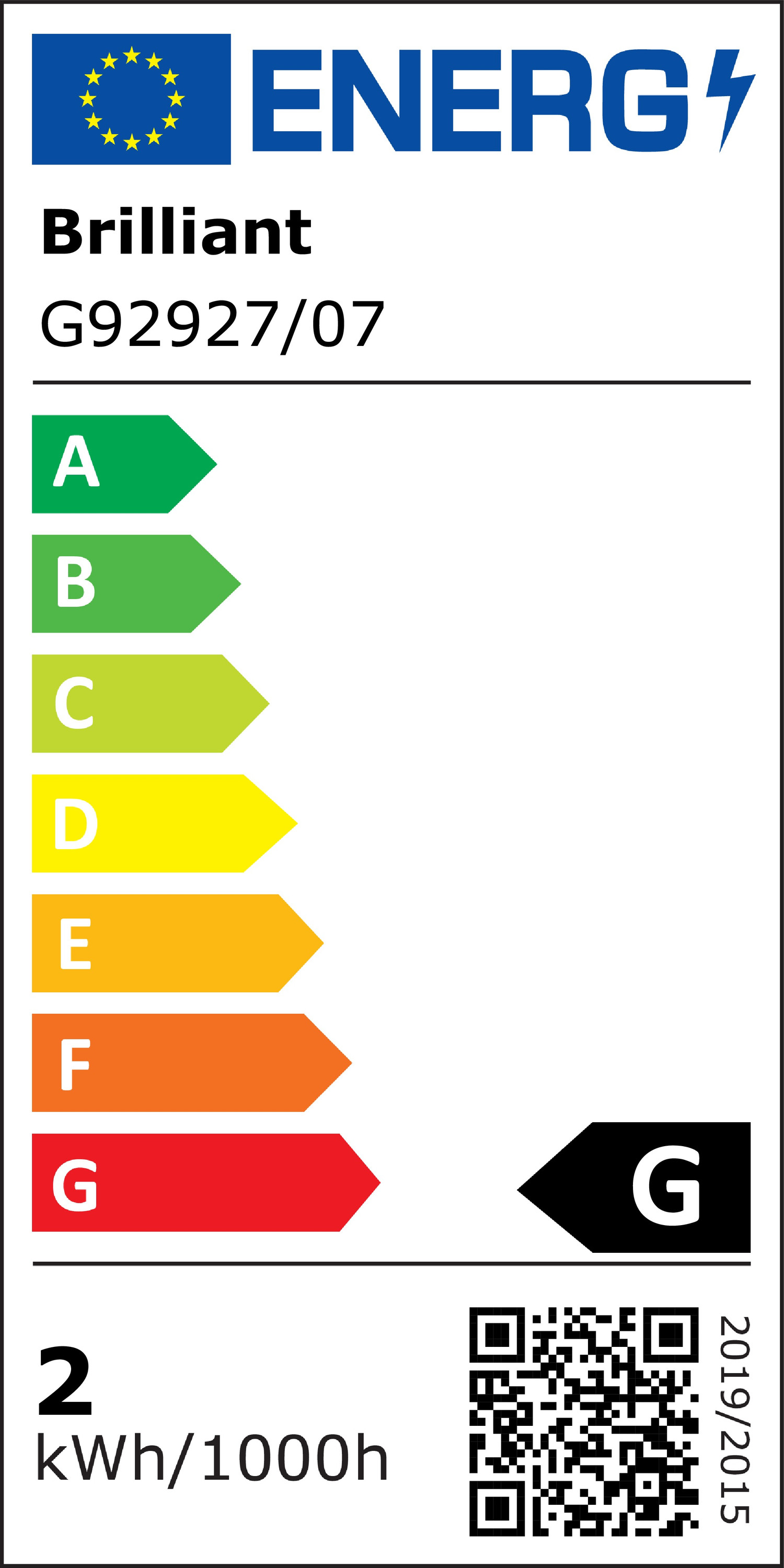 Energielabel Brilliant G92927/07, Klasse G, 2 kWh/1000h