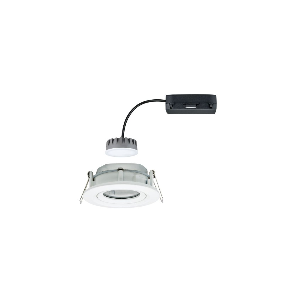 Faretto ad incasso, bianco, con un componente luminoso separato e una scatola nera.